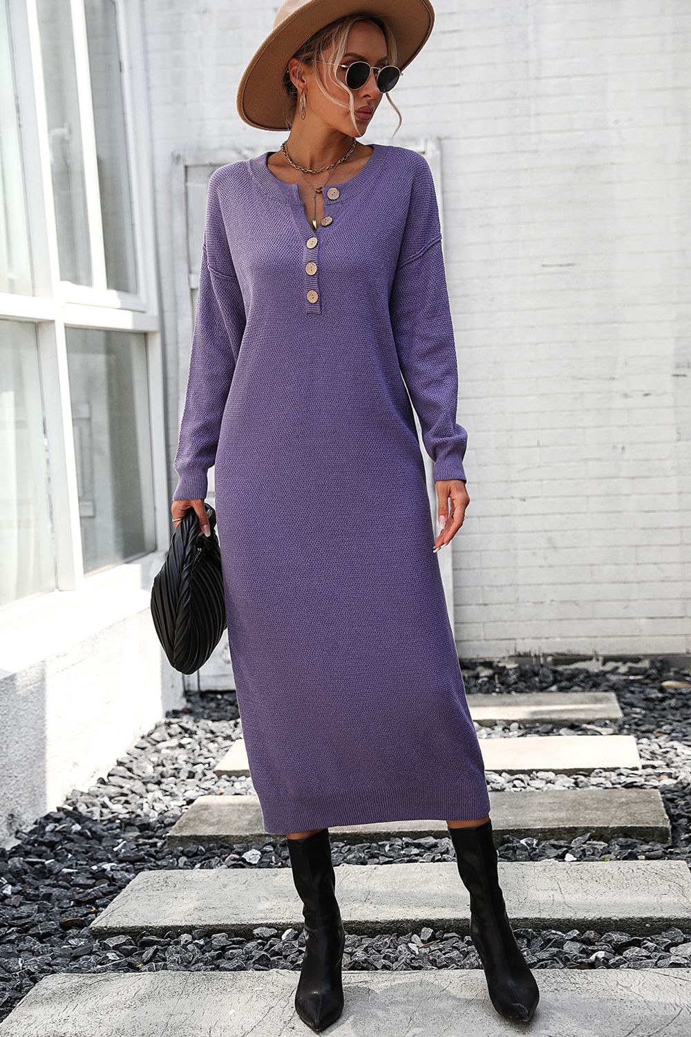 Decorative Button Notched Dropped Shoulder Sweater Dress - Ryzela