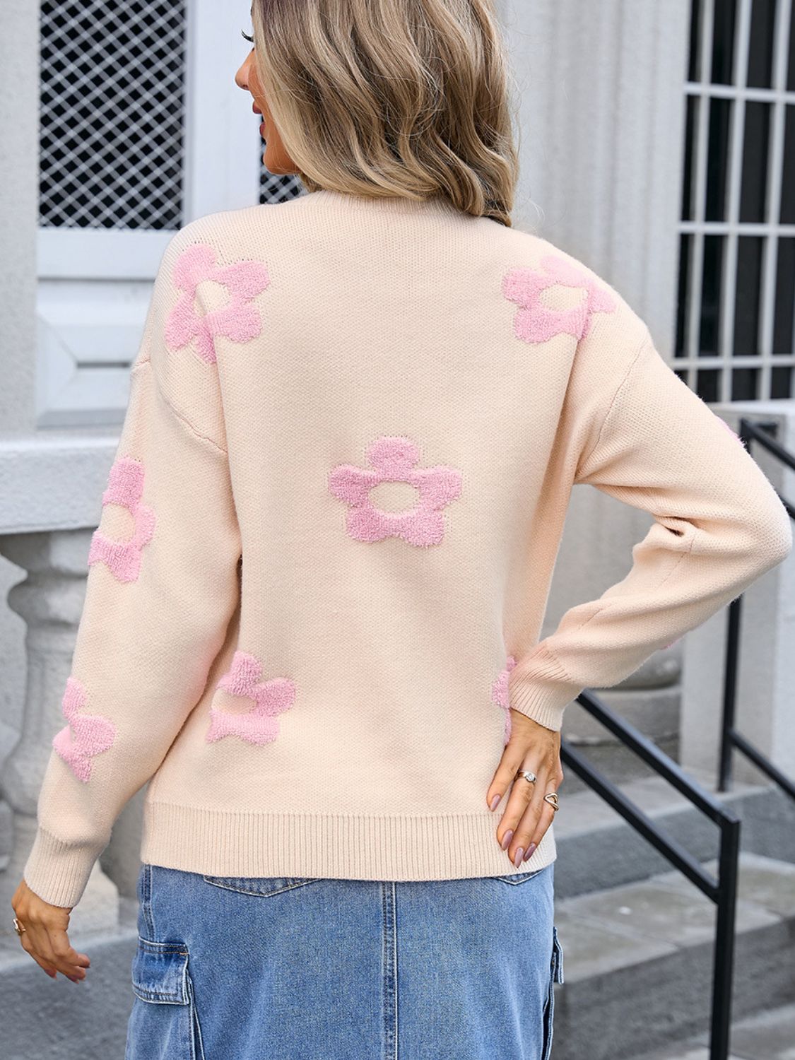 Flower Round Neck Long Sleeve Sweater - Ryzela