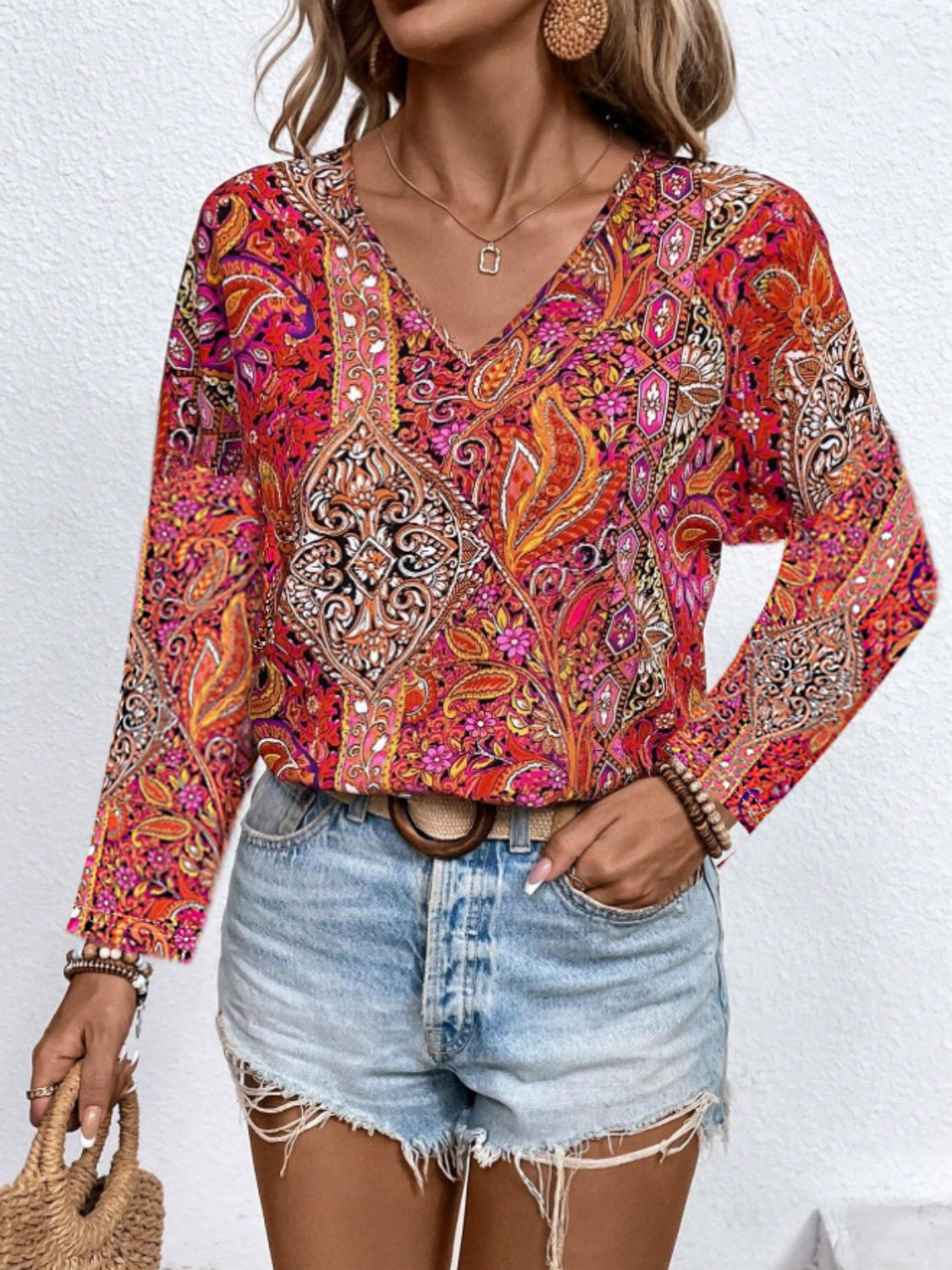 Printed V-Neck Long Sleeve Blouse - Ryzela