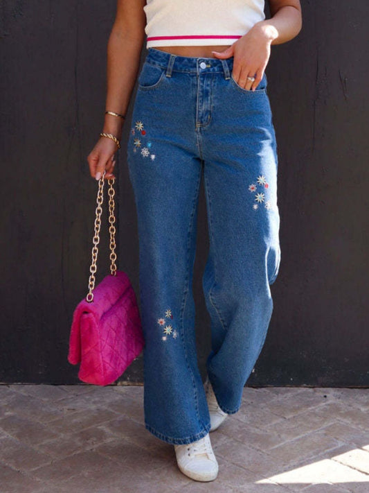 Embroidered Straight Jeans with Pockets - Ryzela