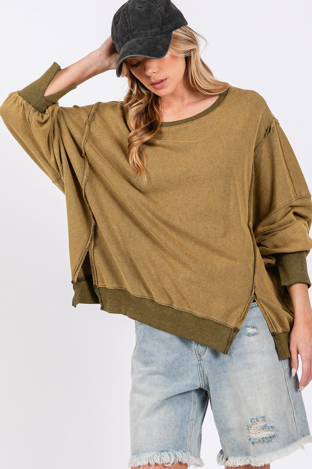 SAGE + FIG Mineral Wash Side Slit Oversized Sweatshirt - Ryzela