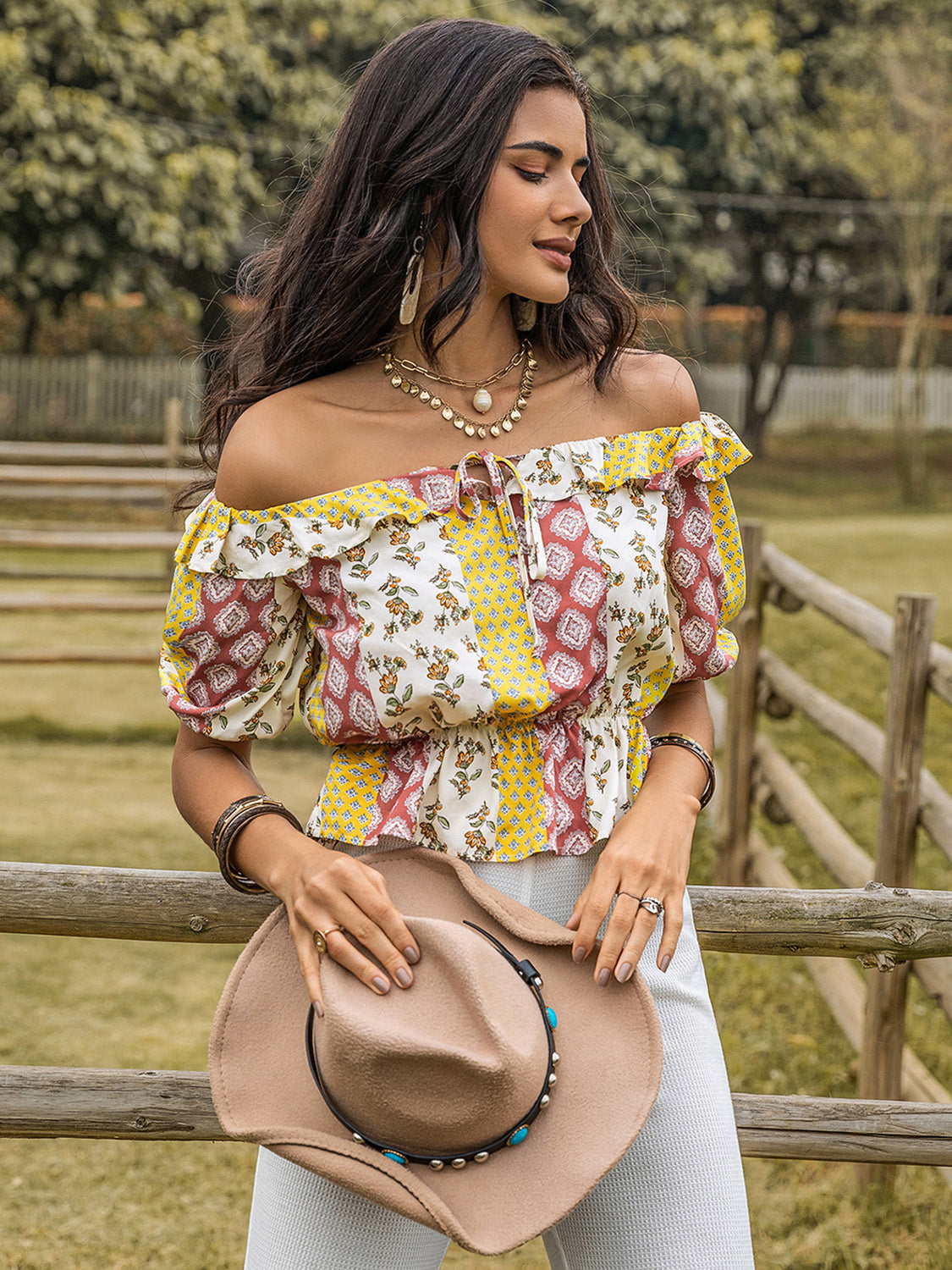 Ruffled Printed Off-Shoulder Short Sleeve Blouse - Ryzela