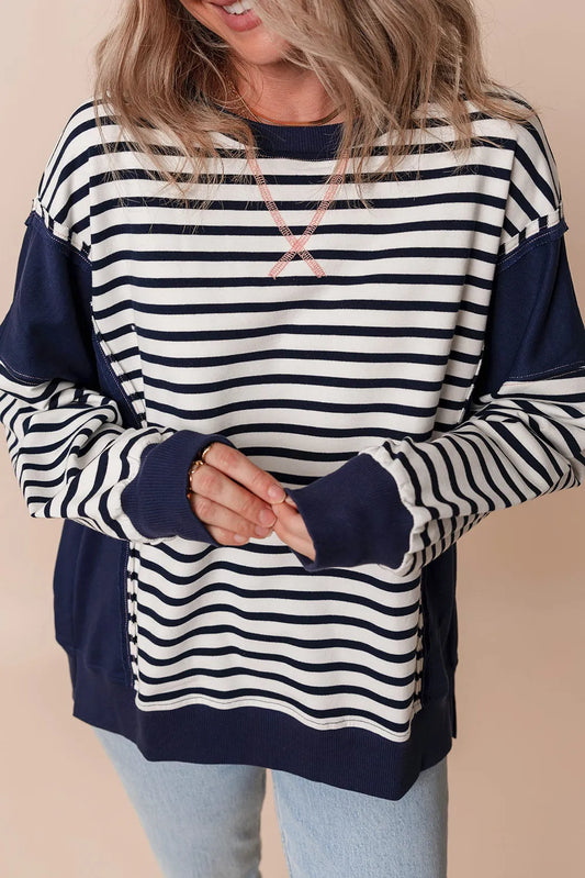 Striped Round Neck Long Sleeve Sweatshirt - Ryzela