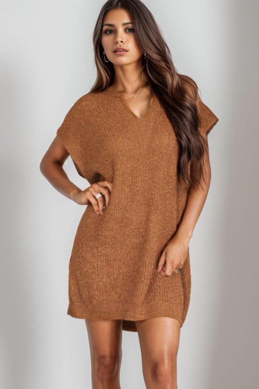 Notched Cap Sleeve Mini Sweater Dress - Ryzela