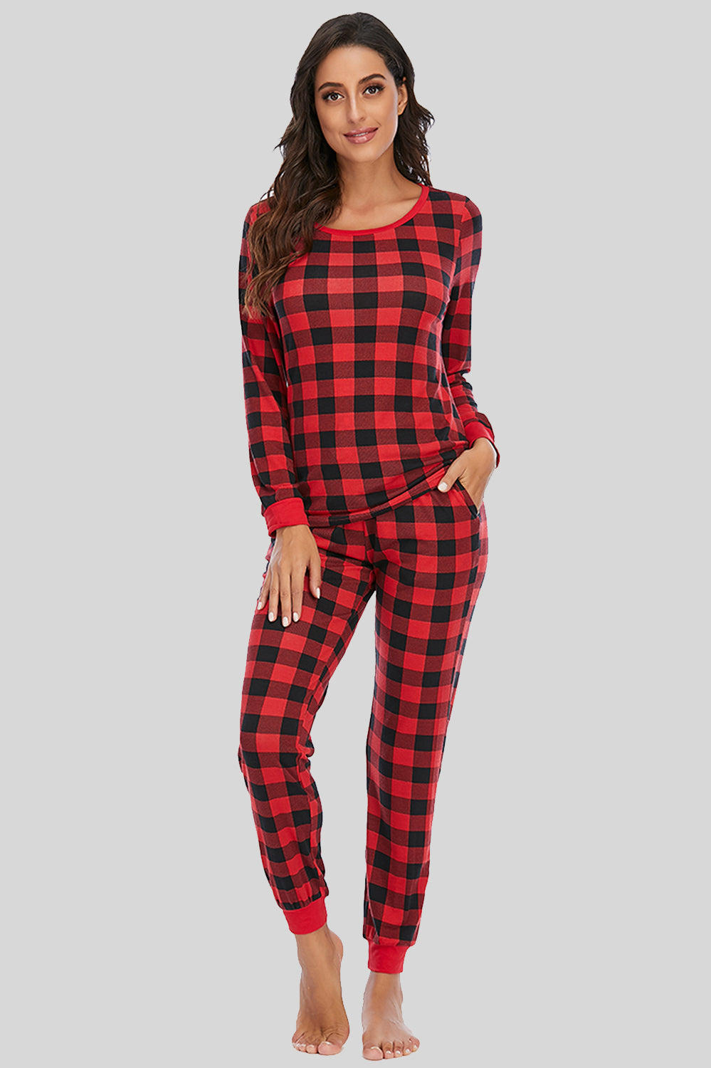 Plaid Round Neck Top and Pants Set - Ryzela