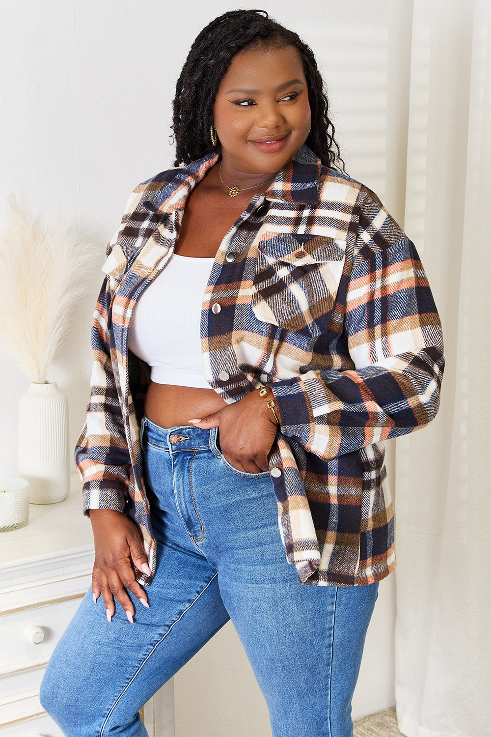 Double Take Plaid Button Front Shirt Jacket with Breast Pockets - Ryzela