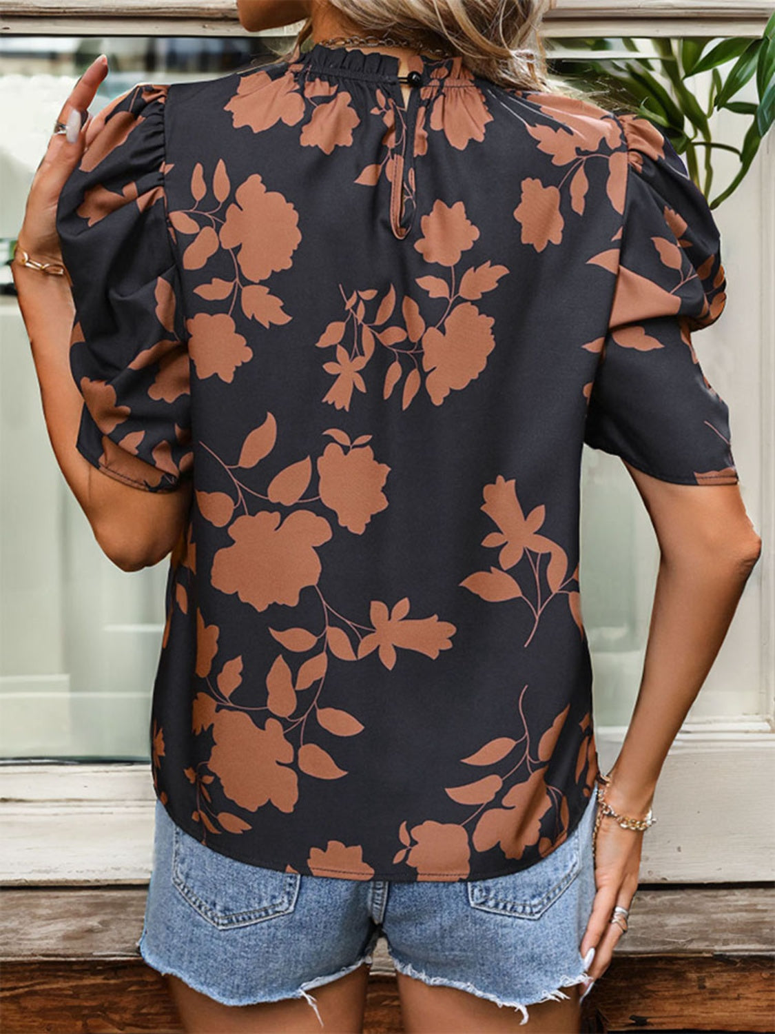 Frill Printed Round Neck Puff Sleeve Blouse - Ryzela