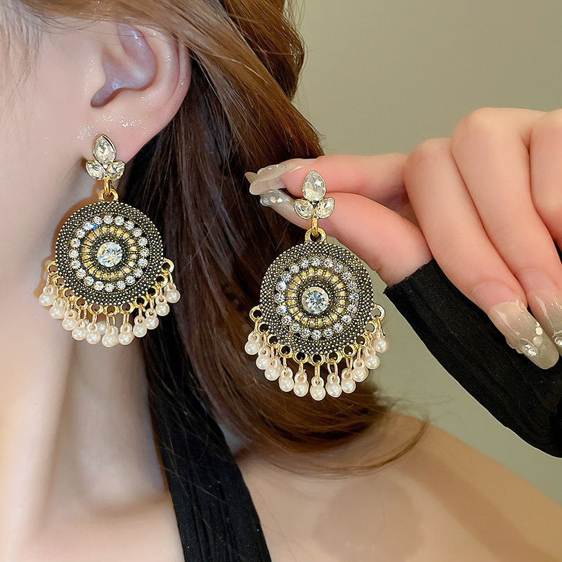 Rhinestone Alloy Bead Dangle Earrings - Ryzela