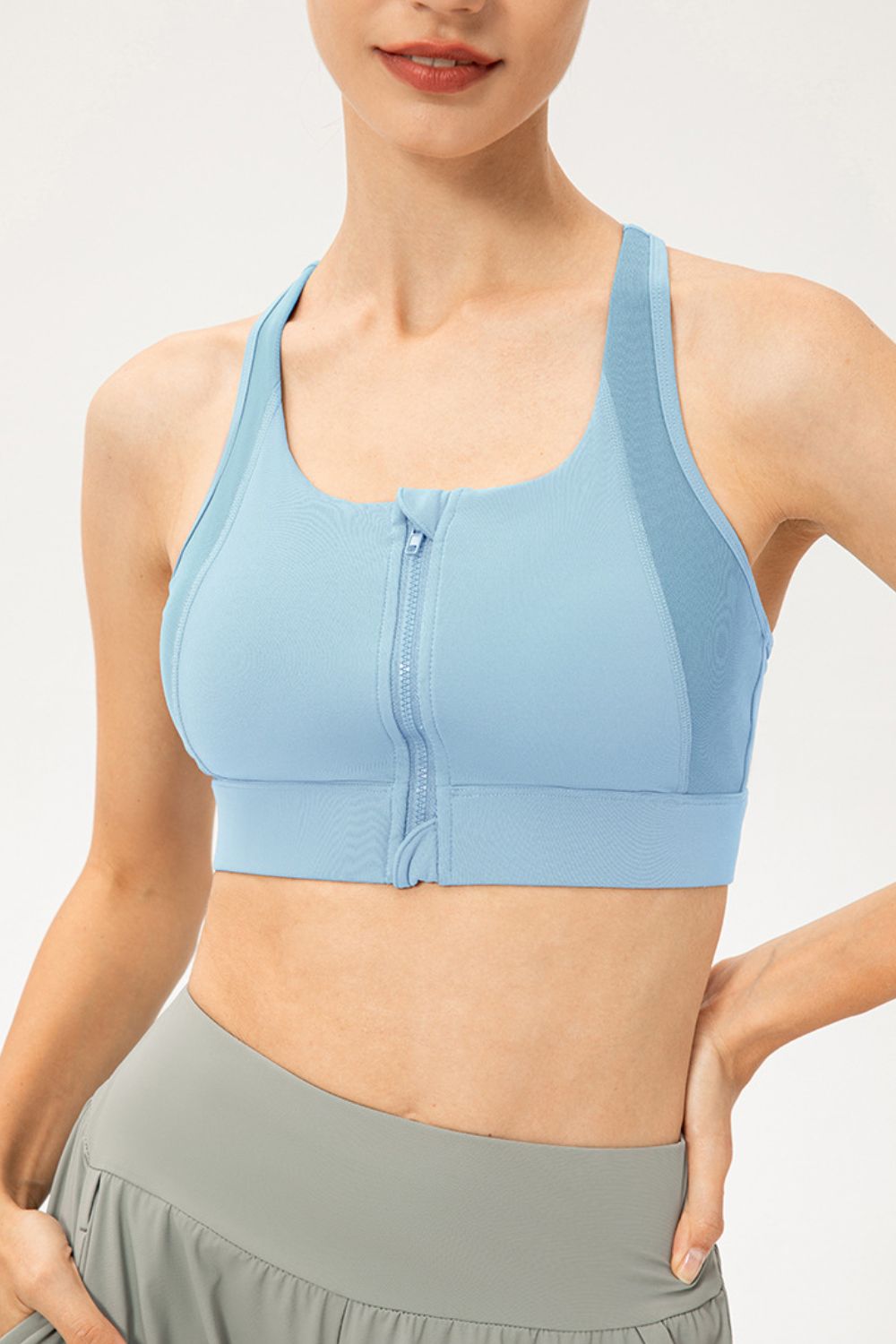 Zip-Up Round Neck Sports Bra - Ryzela