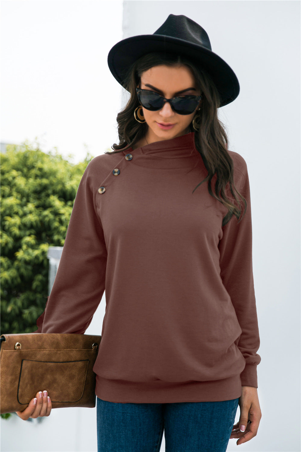 Decorative Button Long Sleeve Sweatshirt - Ryzela