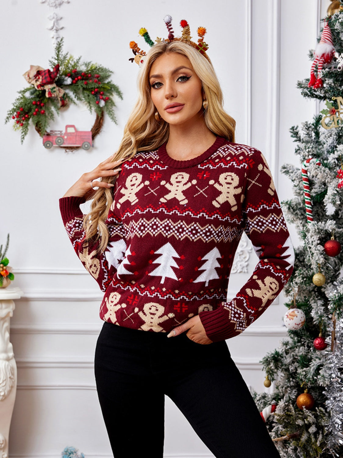 Gingerbread Round Neck Long Sleeve Sweater - Ryzela