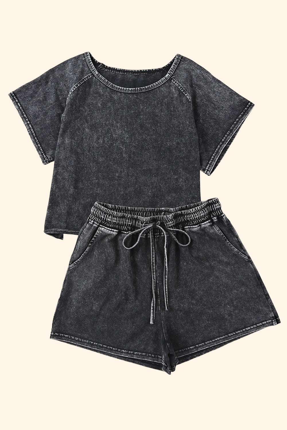 Heathered Round Neck Top and Shorts Lounge Set - Ryzela