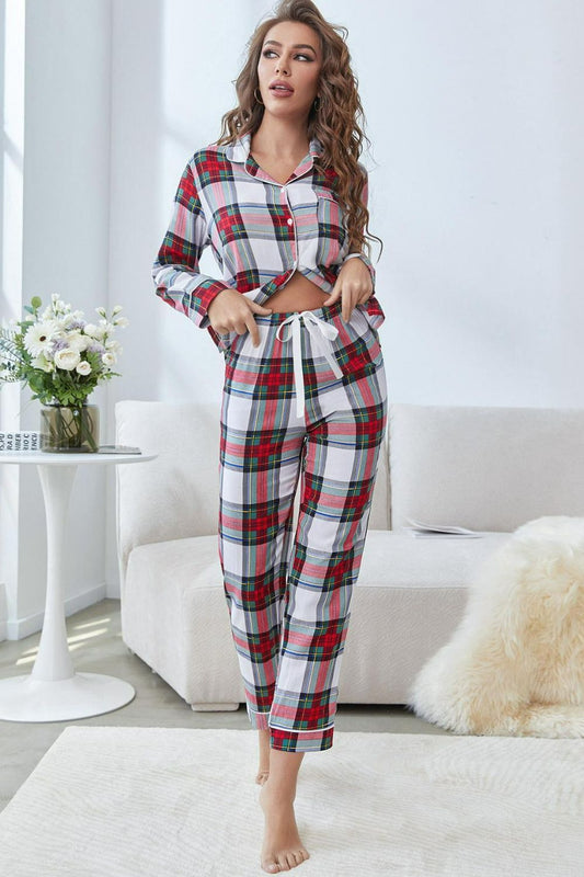 Plaid Button Front Top and Pants Lounge Set - Ryzela