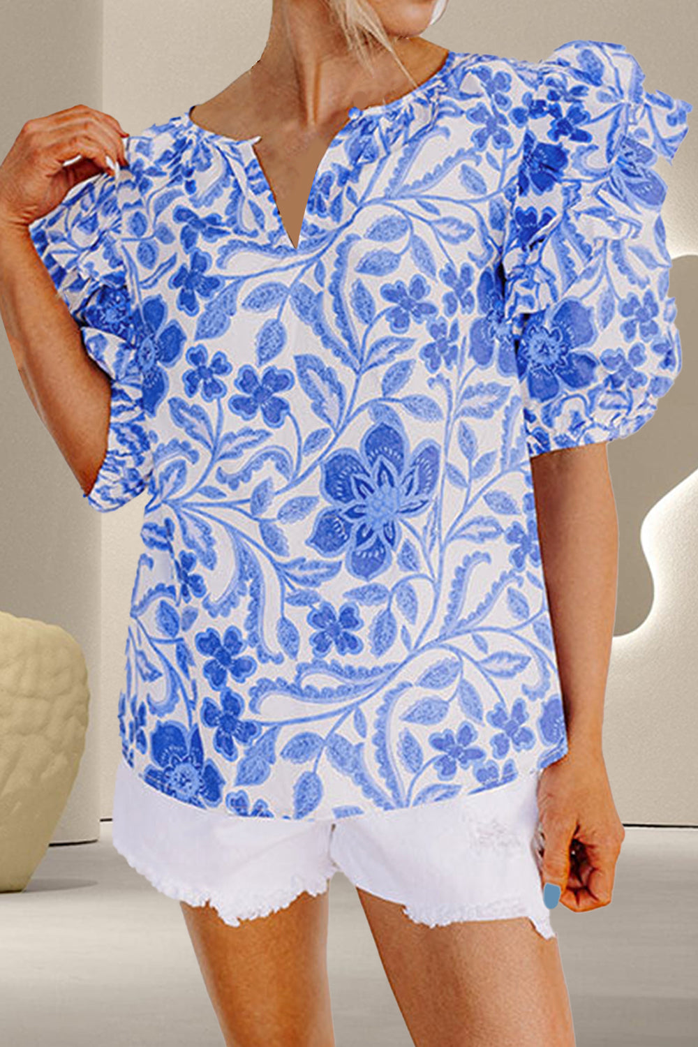 Printed Notched Half Sleeve Blouse - Ryzela