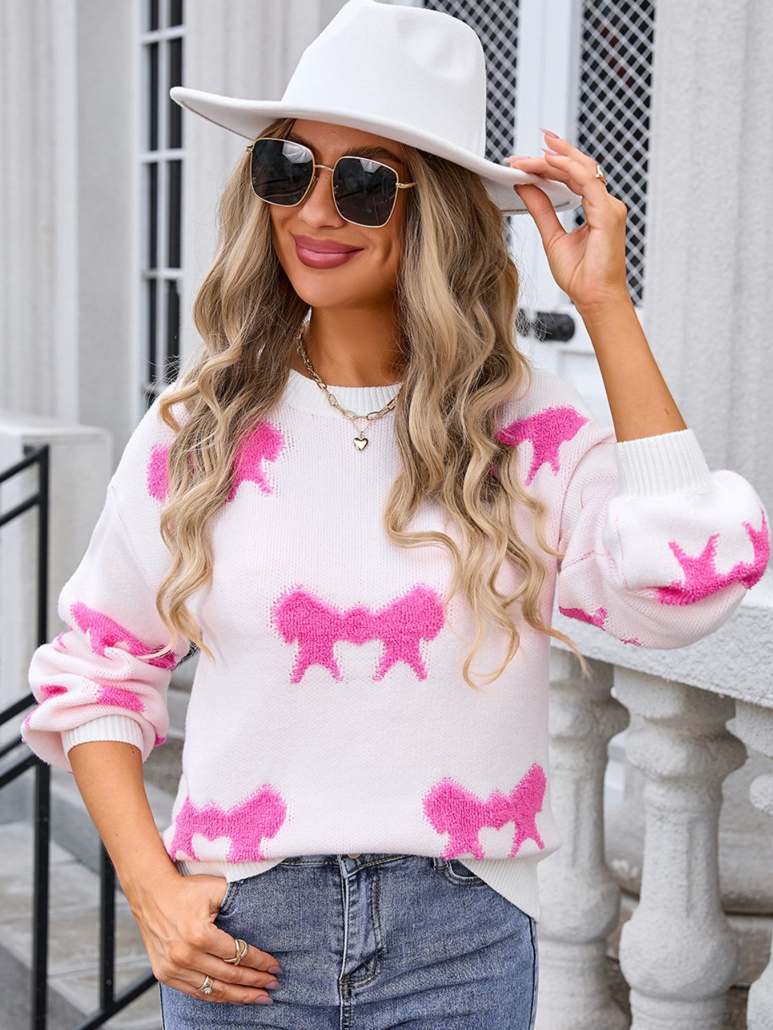 Bow Round Neck Dropped Shoulder Sweater - Ryzela