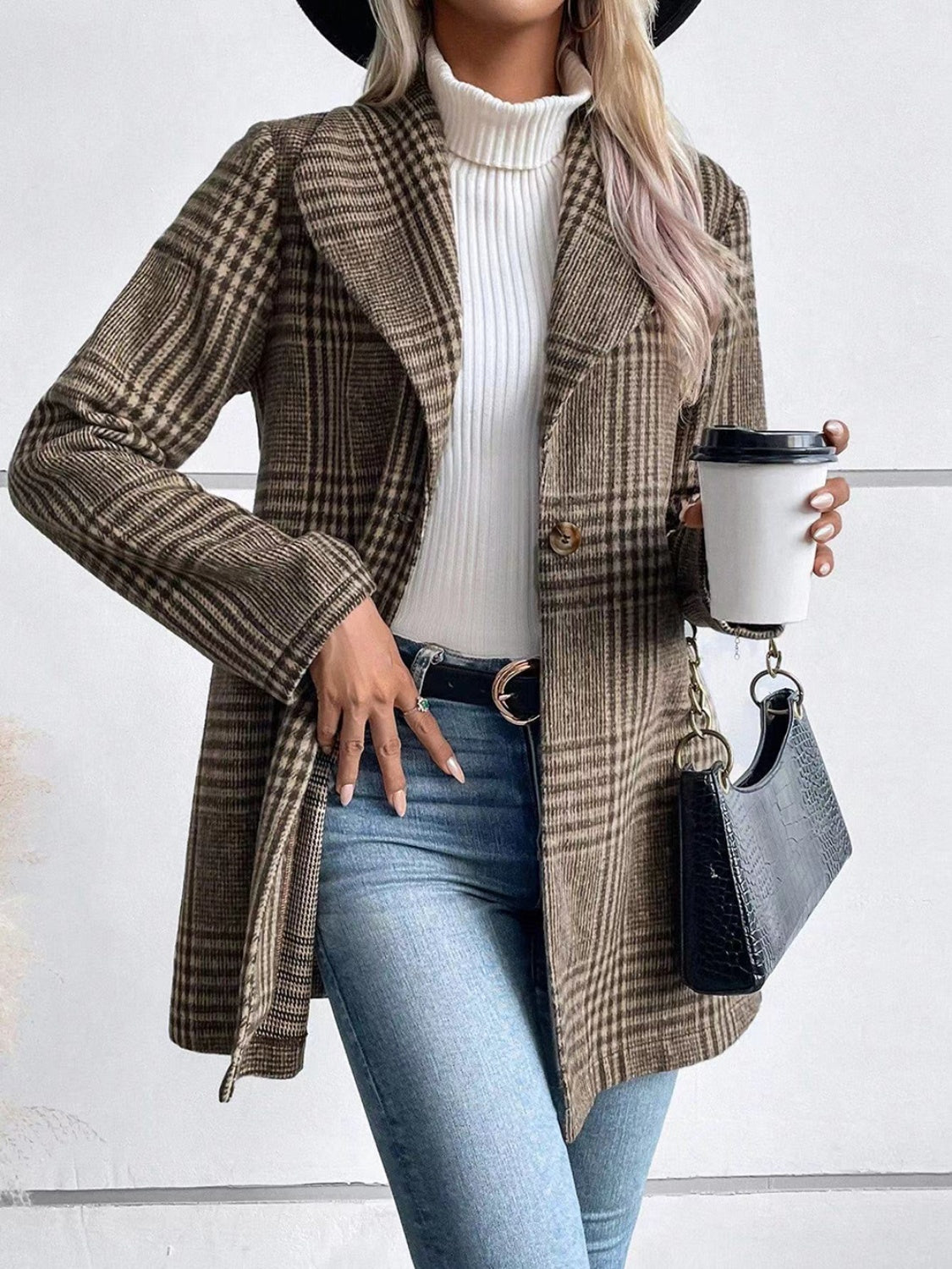 Plaid Collared Neck Long Sleeve Jacket - Ryzela