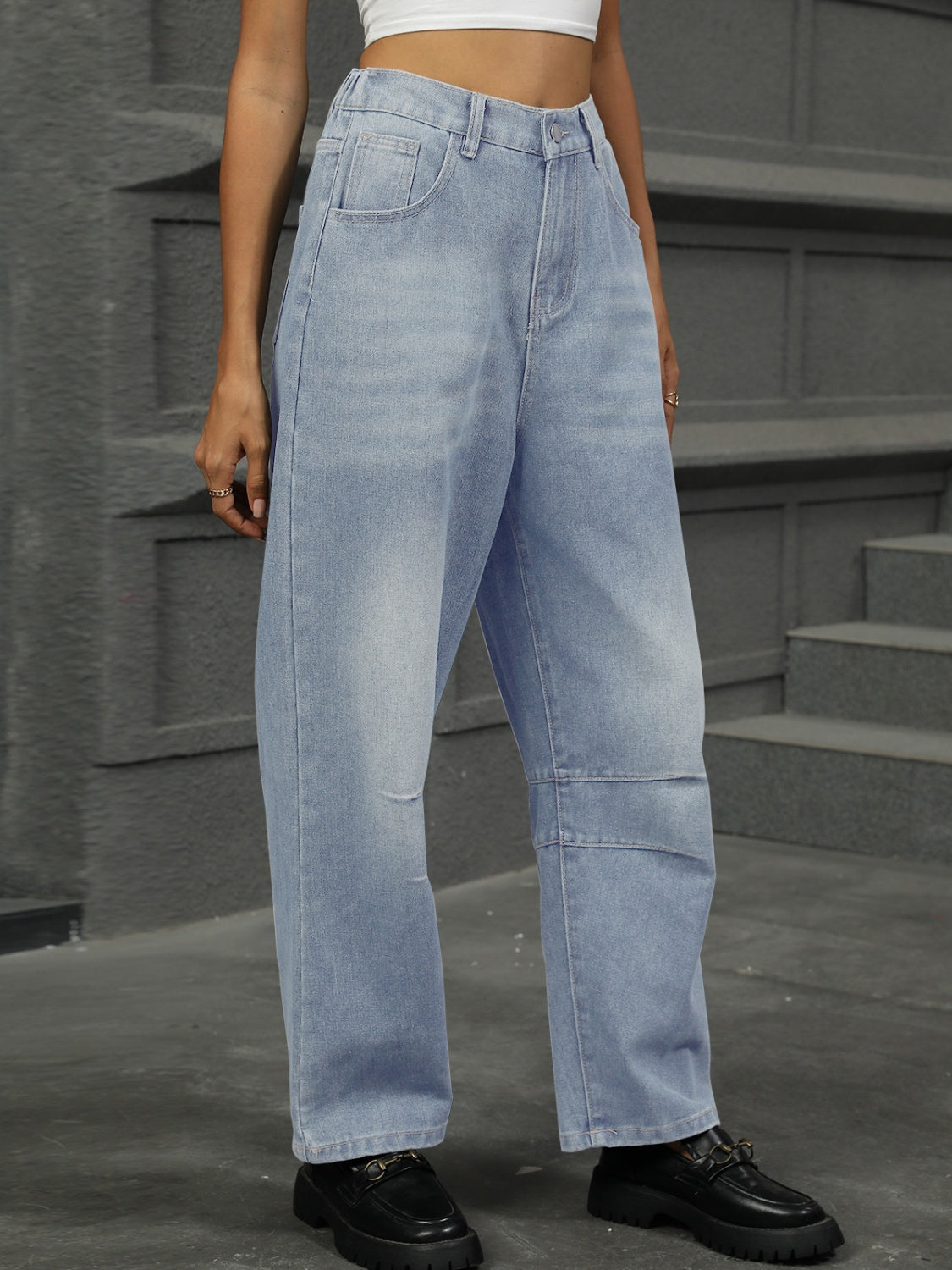 Half Elastic Waist Straight Leg Jeans - Ryzela