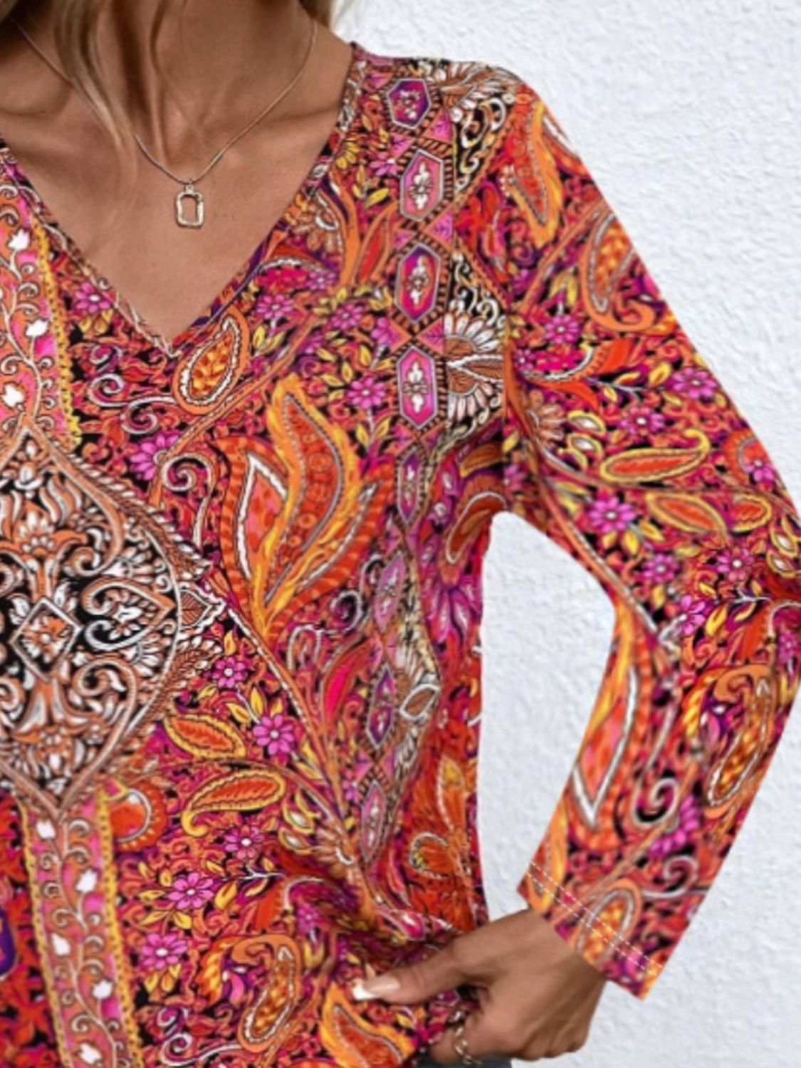 Printed V-Neck Long Sleeve Blouse - Ryzela