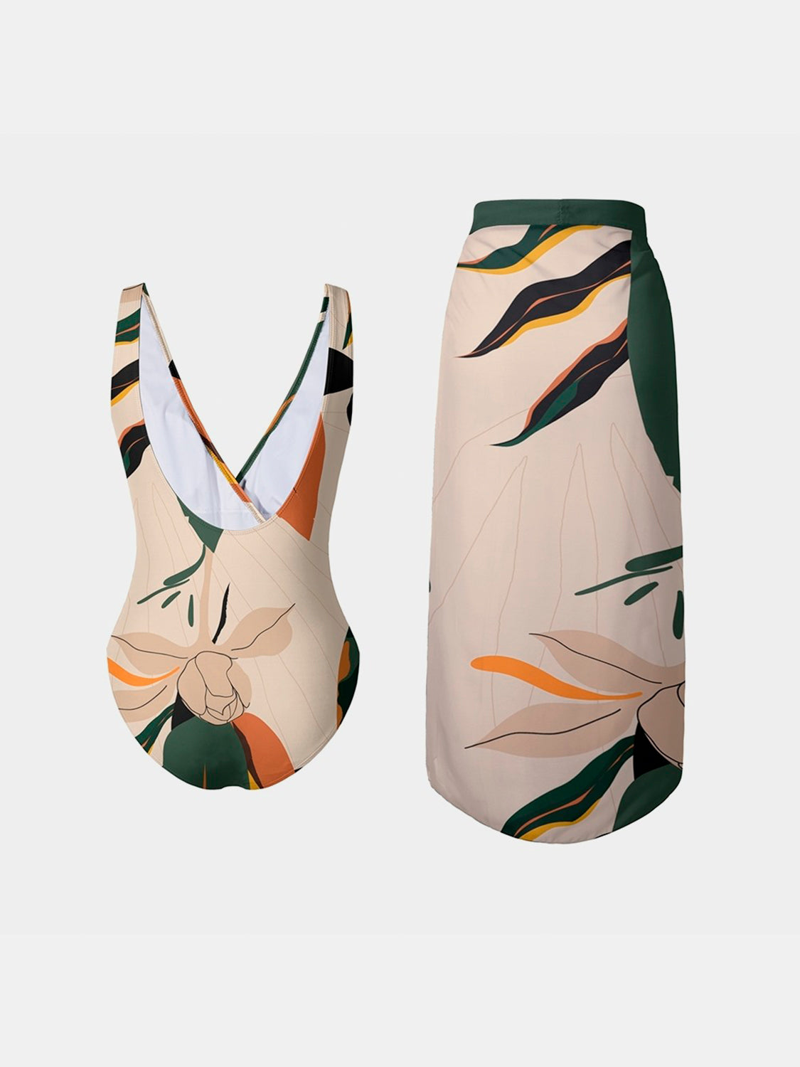 Printed Surplice Wide Strap Swimwear and Skirt Swim Set - Ryzela