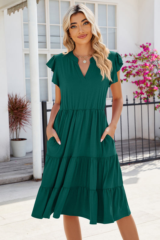 Ruched Notched Cap Sleeve Dress - Ryzela