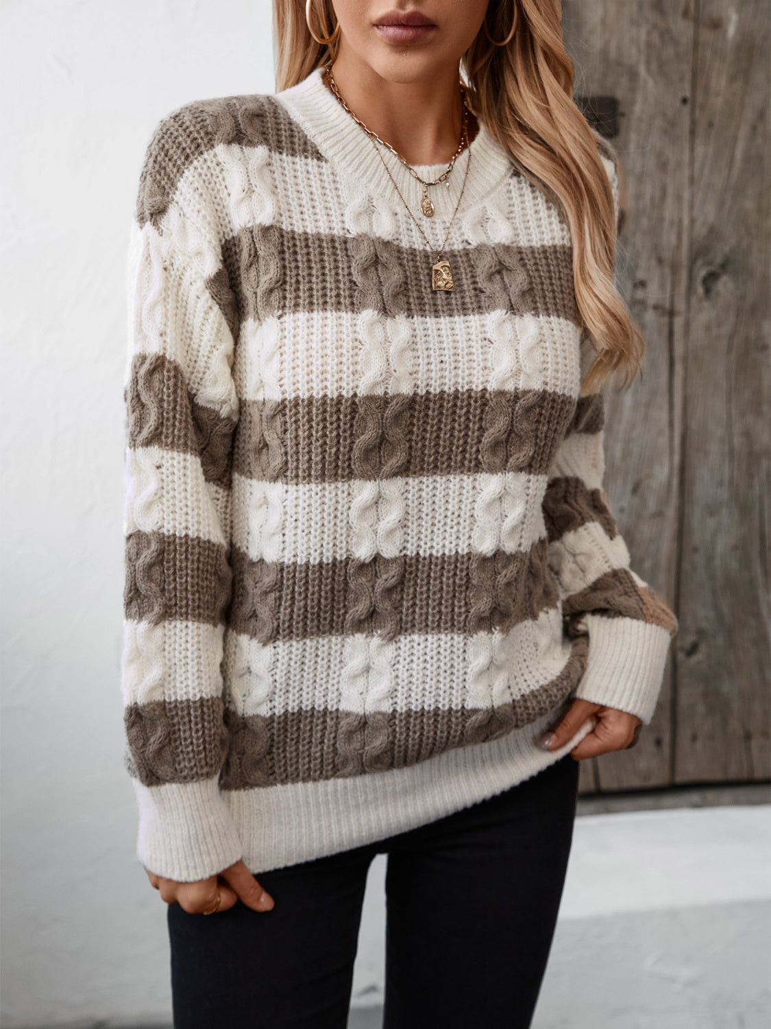 Striped Round Neck Long Sleeve Sweater - Ryzela