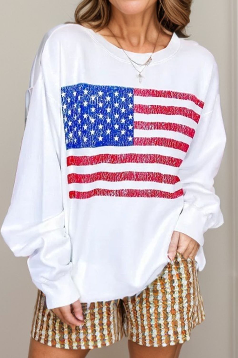 US Flag Round Neck Long Sleeve Sweatshirt - Ryzela