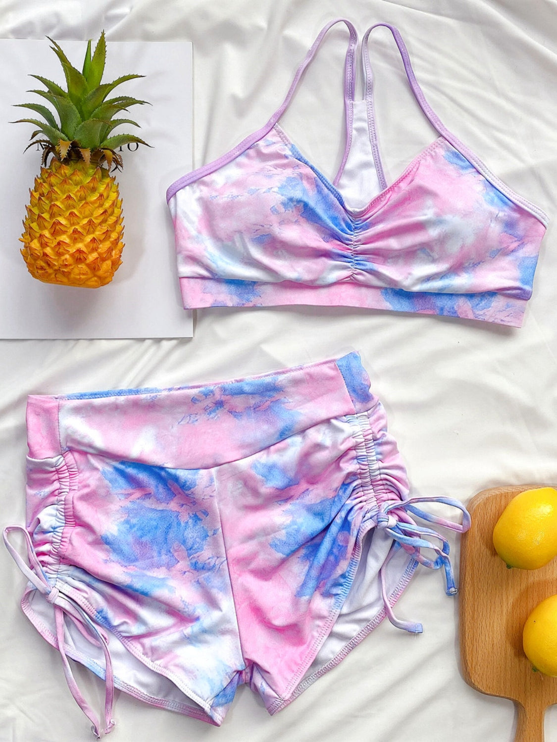 Tie-Dye Spaghetti Strap Top and Drawstring Shorts Swim Set - Ryzela