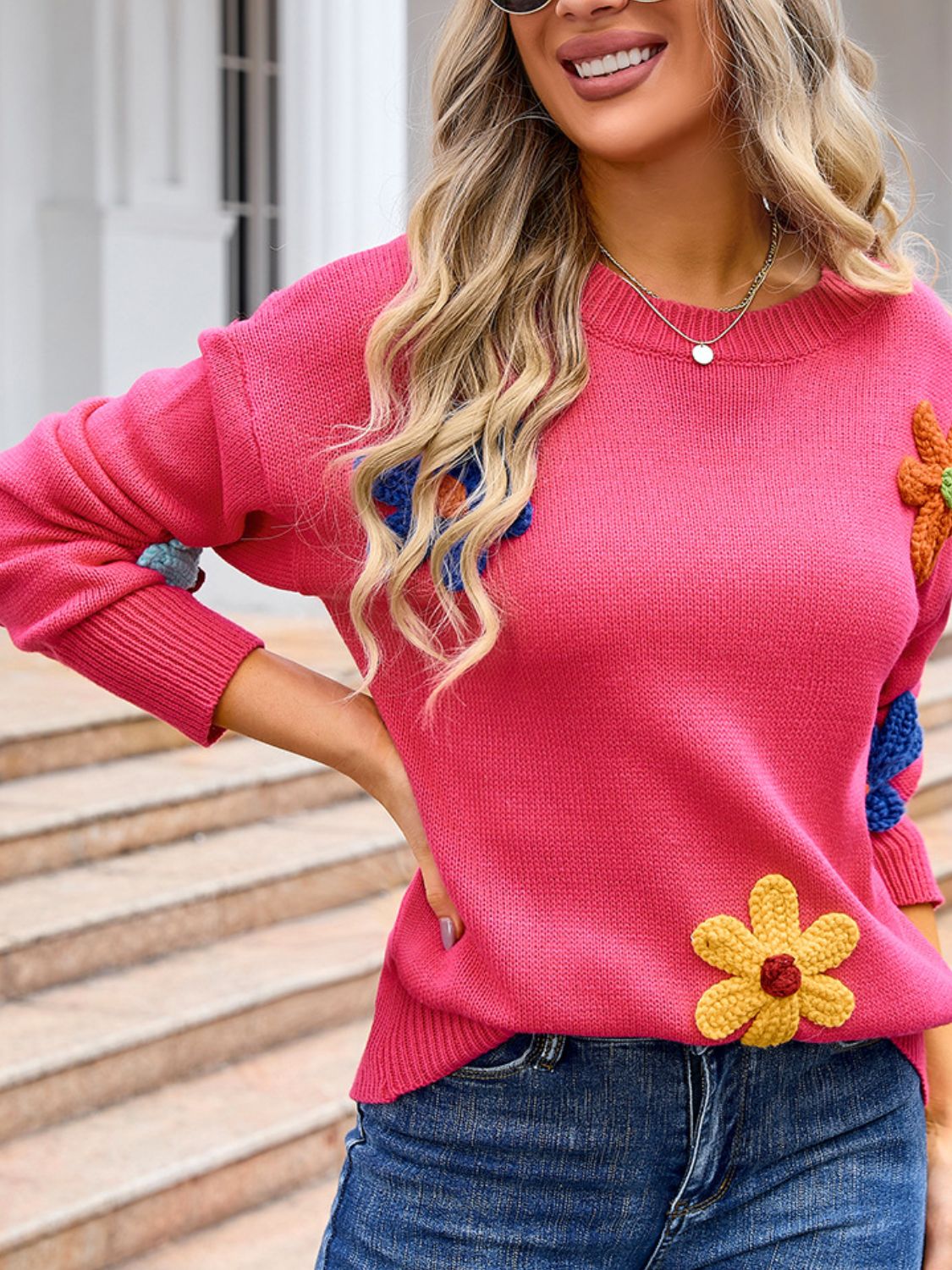 Crochet Flower Round Neck Sweater - Ryzela