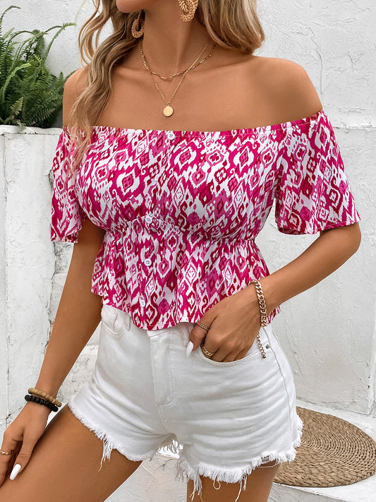 Peplum Printed Off-Shoulder Short Sleeve Blouse - Ryzela