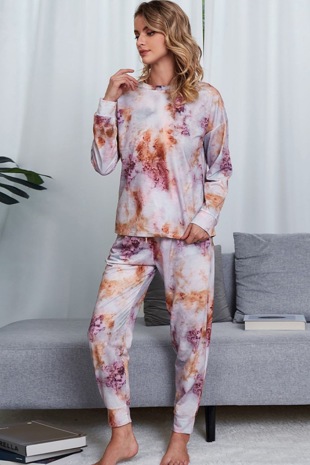 Tie-Dye Crewneck Top and Drawstring Waist Joggers Lounge Set - Ryzela