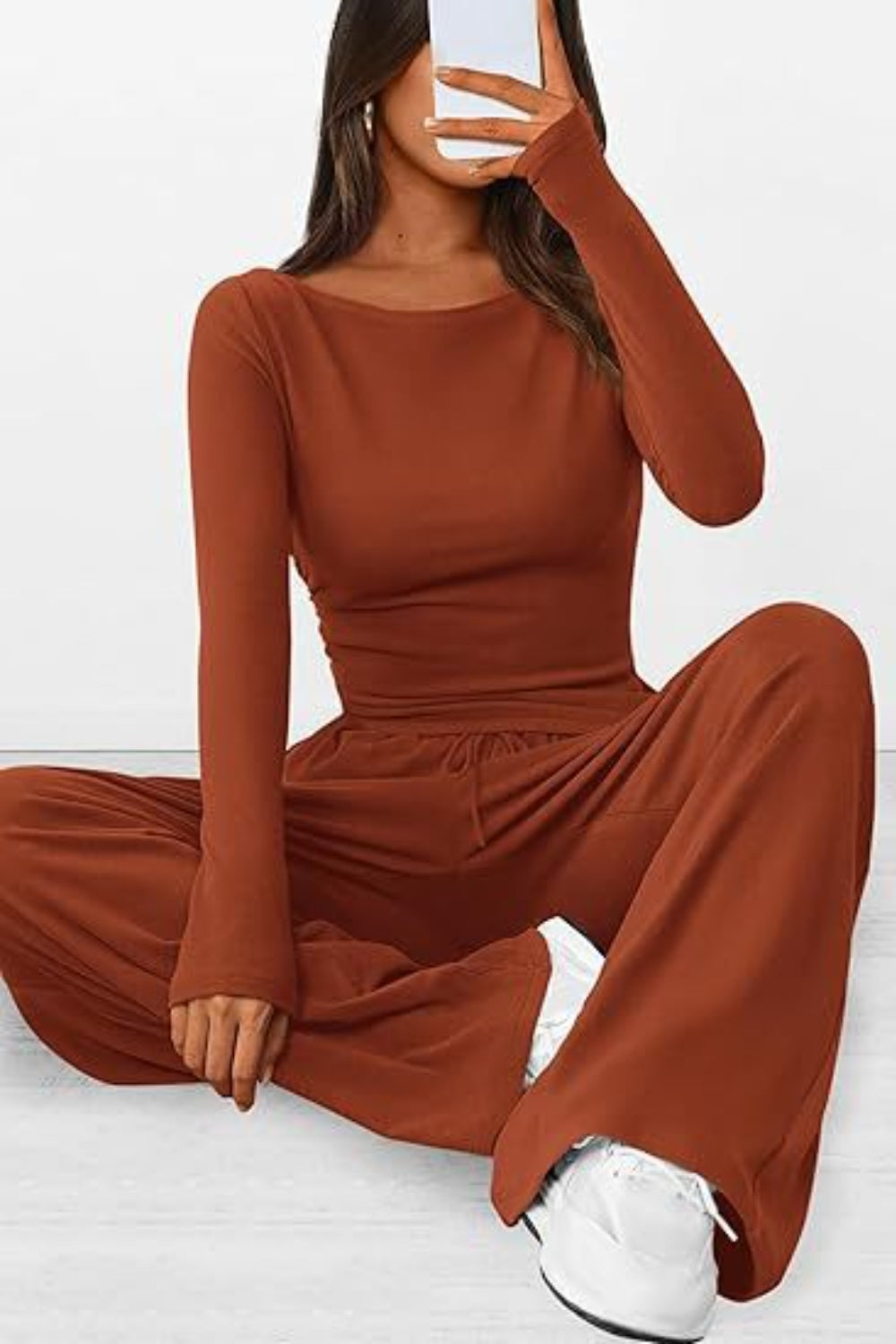 Round Neck Long Sleeve Top and Pants Set - Ryzela