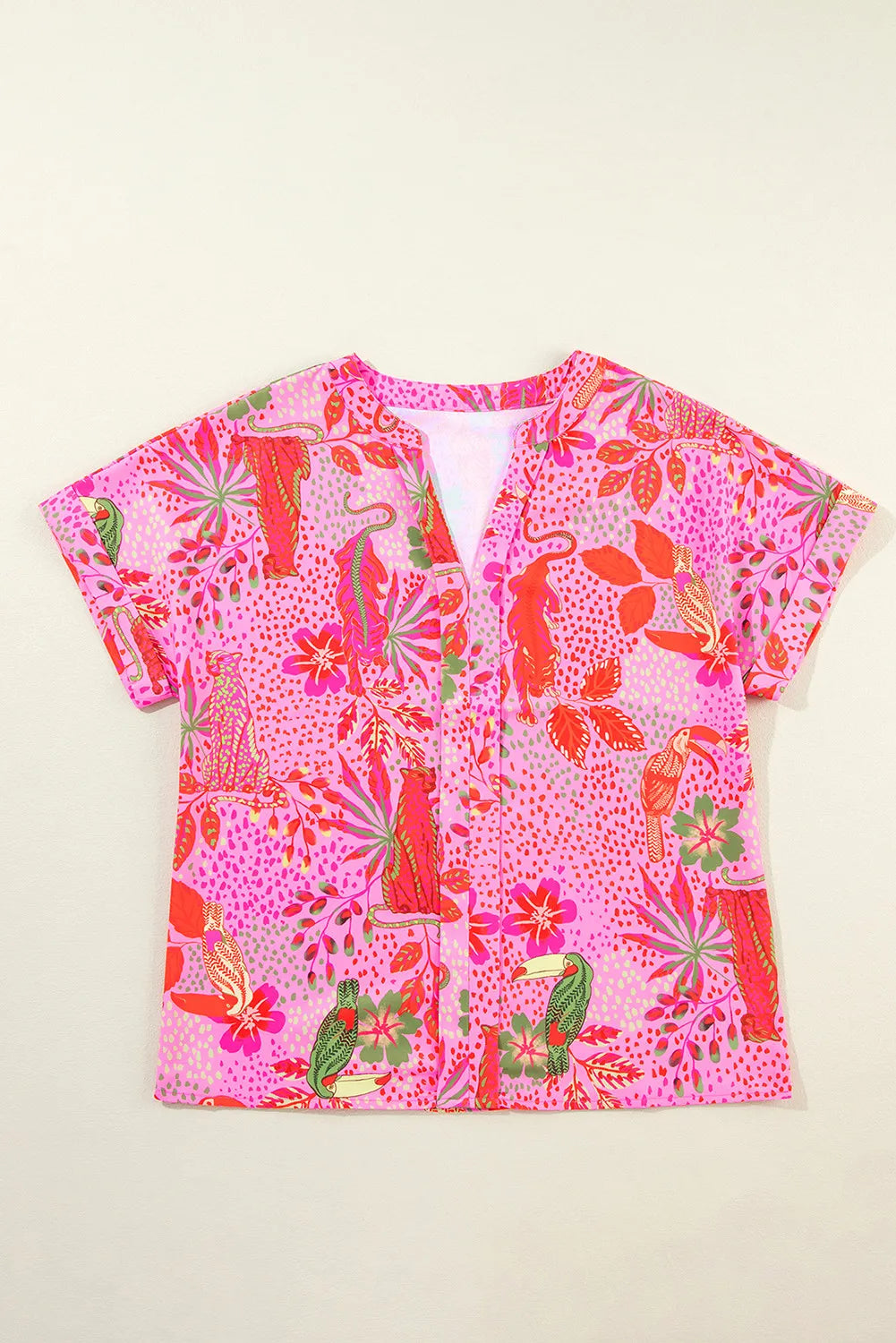 Printed Notched Short Sleeve Top - Ryzela