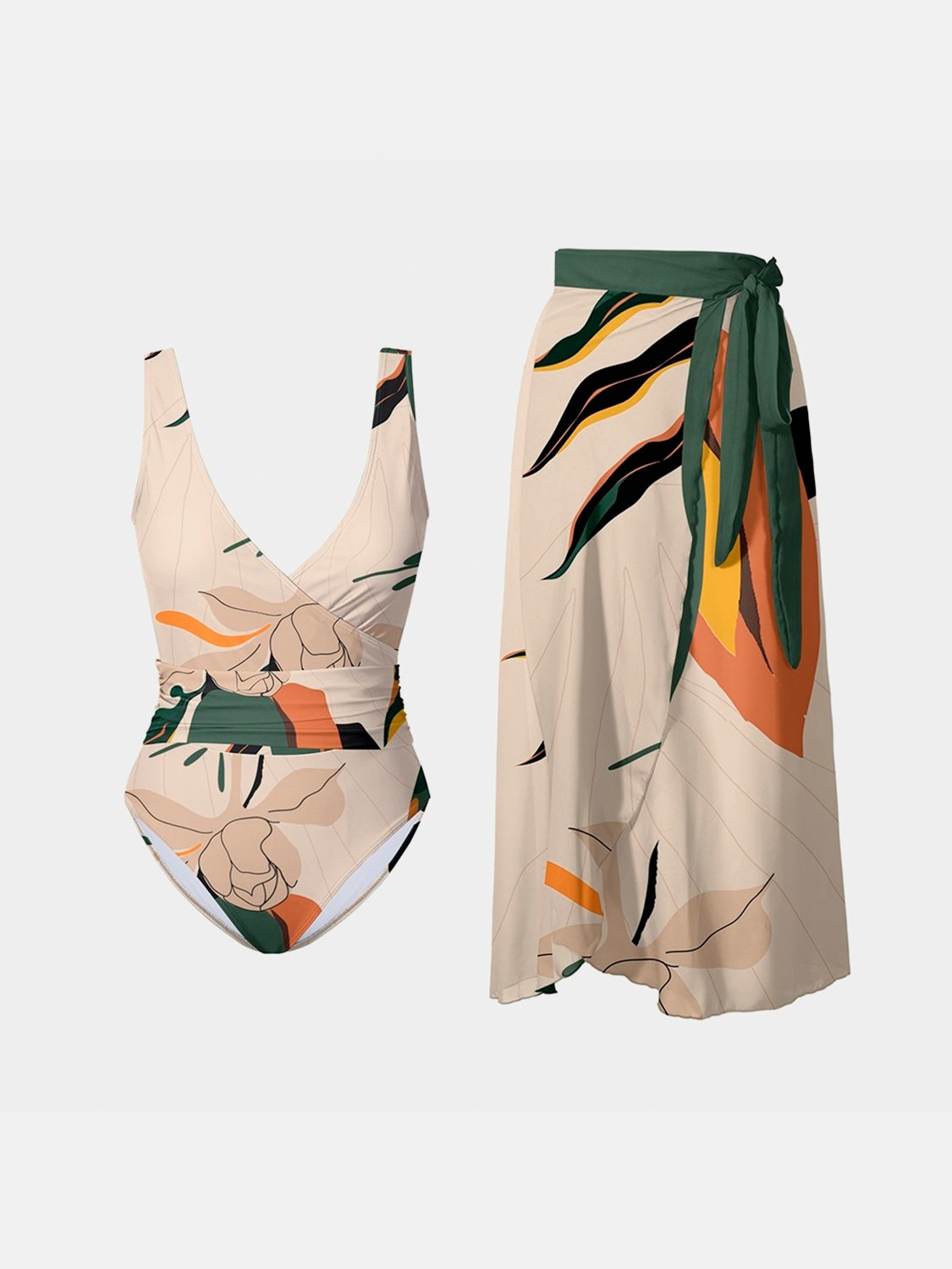 Printed Surplice Wide Strap Swimwear and Skirt Swim Set - Ryzela