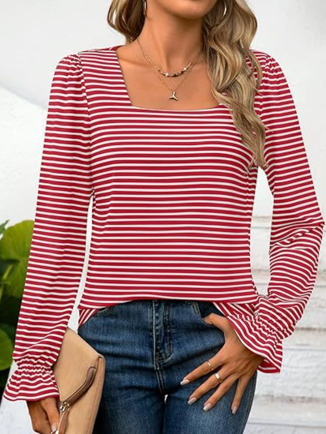 Striped Square Neck Flounce Sleeve Top - Ryzela