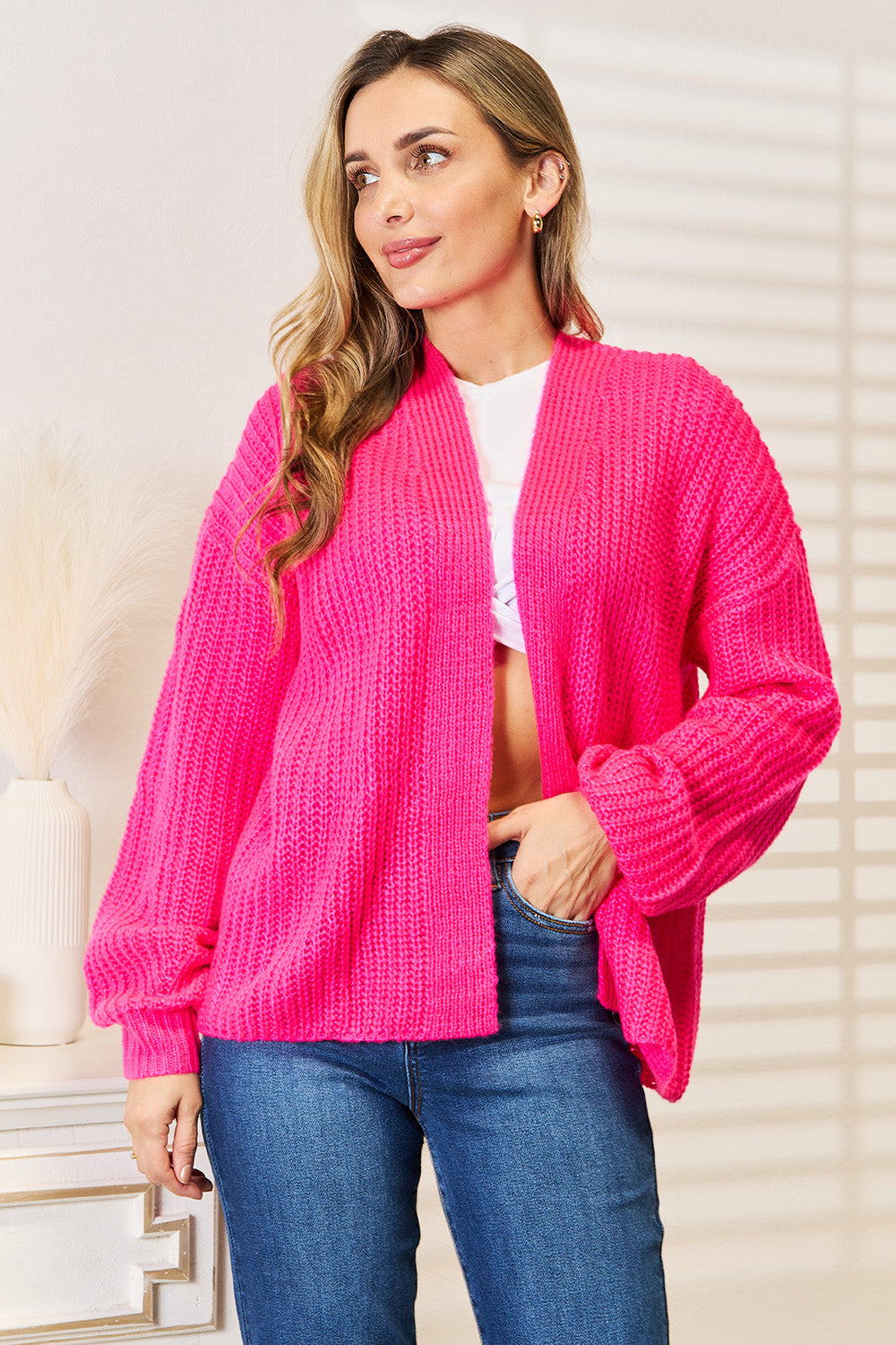 Woven Right Rib-Knit Open Front Drop Shoulder Cardigan - Ryzela