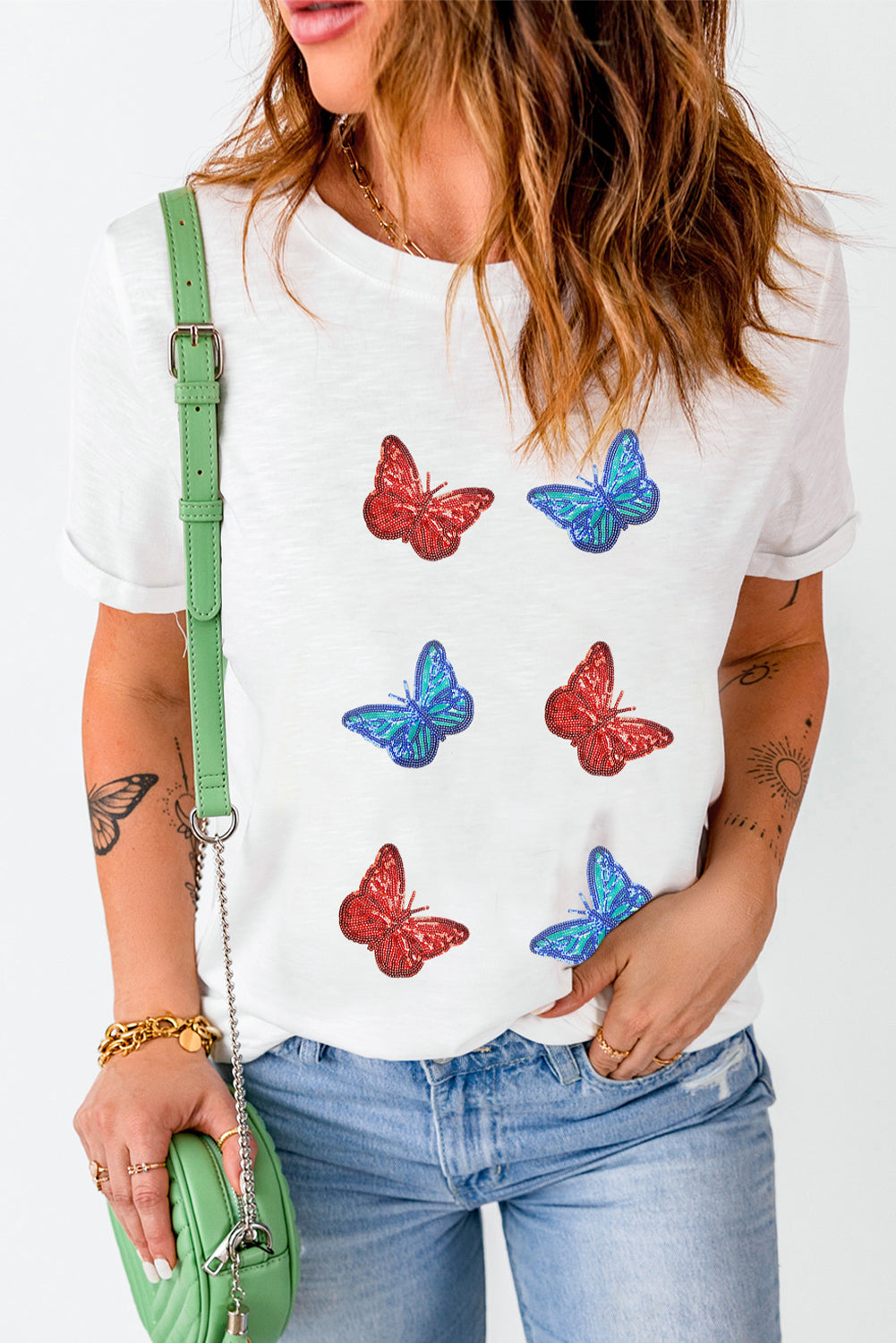 Sequin Butterfly Round Neck Short Sleeve T-Shirt - Ryzela