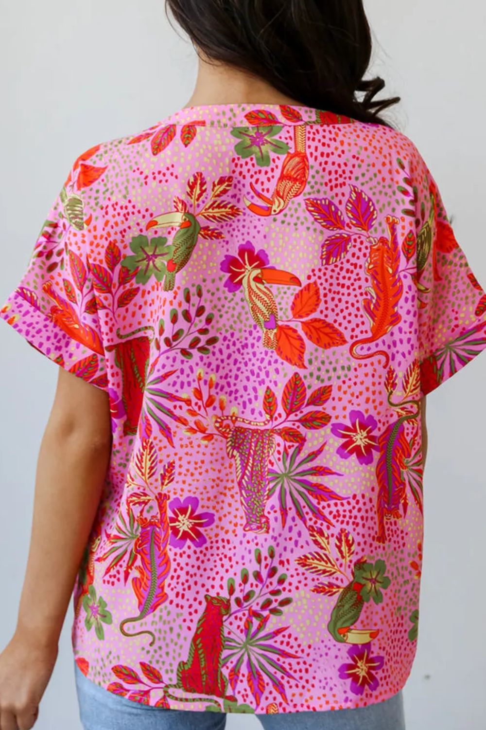 Printed Notched Short Sleeve Top - Ryzela