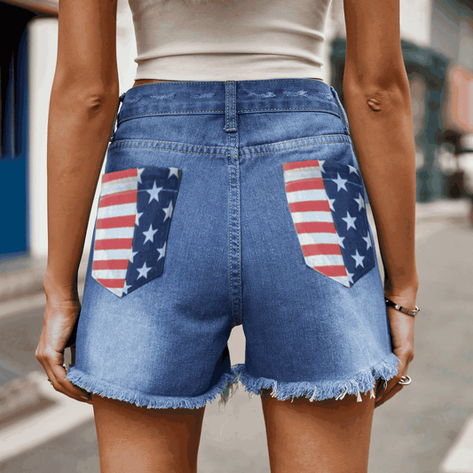 US Flag Distressed Denim Shorts - Ryzela