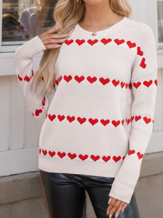 Heart Round Neck Long Sleeve Sweater - Ryzela