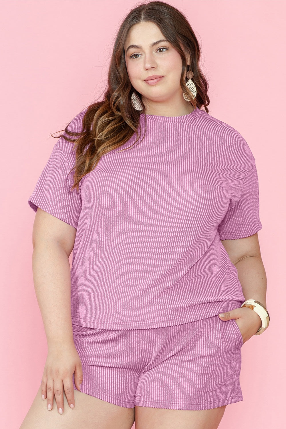 Plus Size Round Neck Short Sleeve Top and Shorts Set - Ryzela