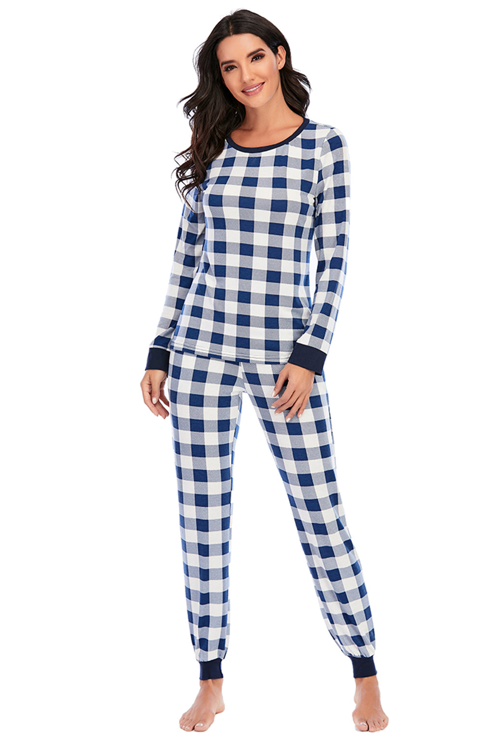 Plaid Round Neck Top and Pants Set - Ryzela