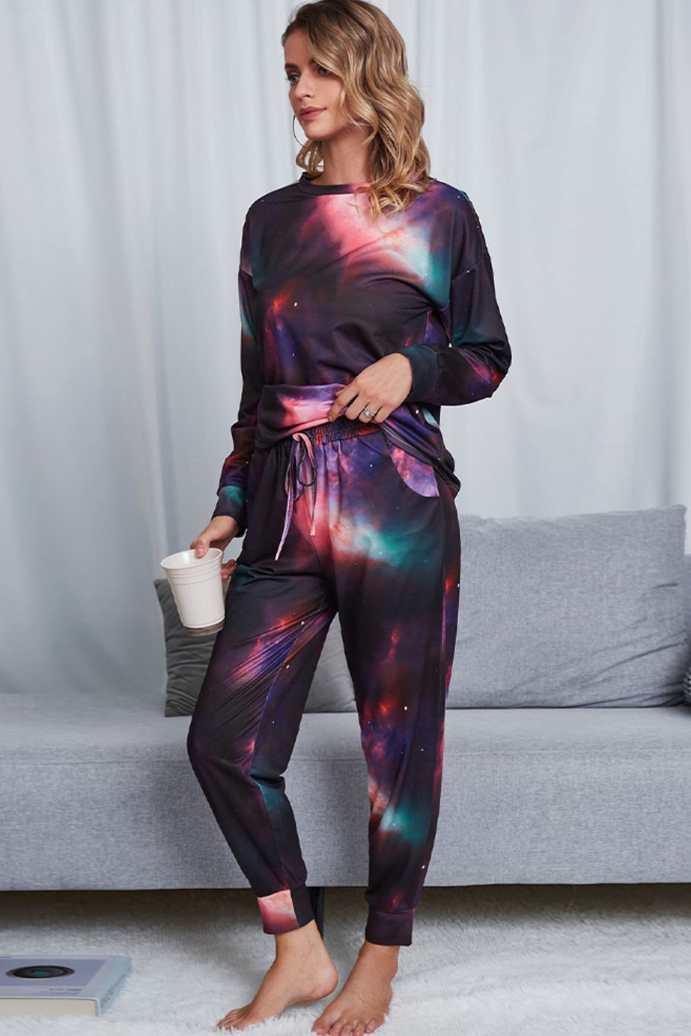 Tie-Dye Crewneck Top and Drawstring Waist Joggers Lounge Set - Ryzela