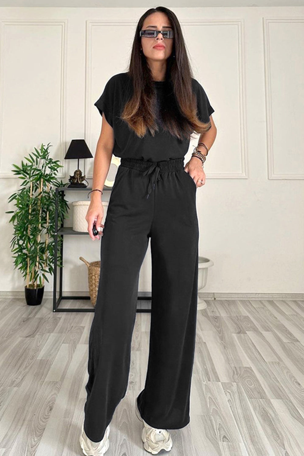 Round Neck Short Sleeve Top and Drawstring Pants Set - Ryzela