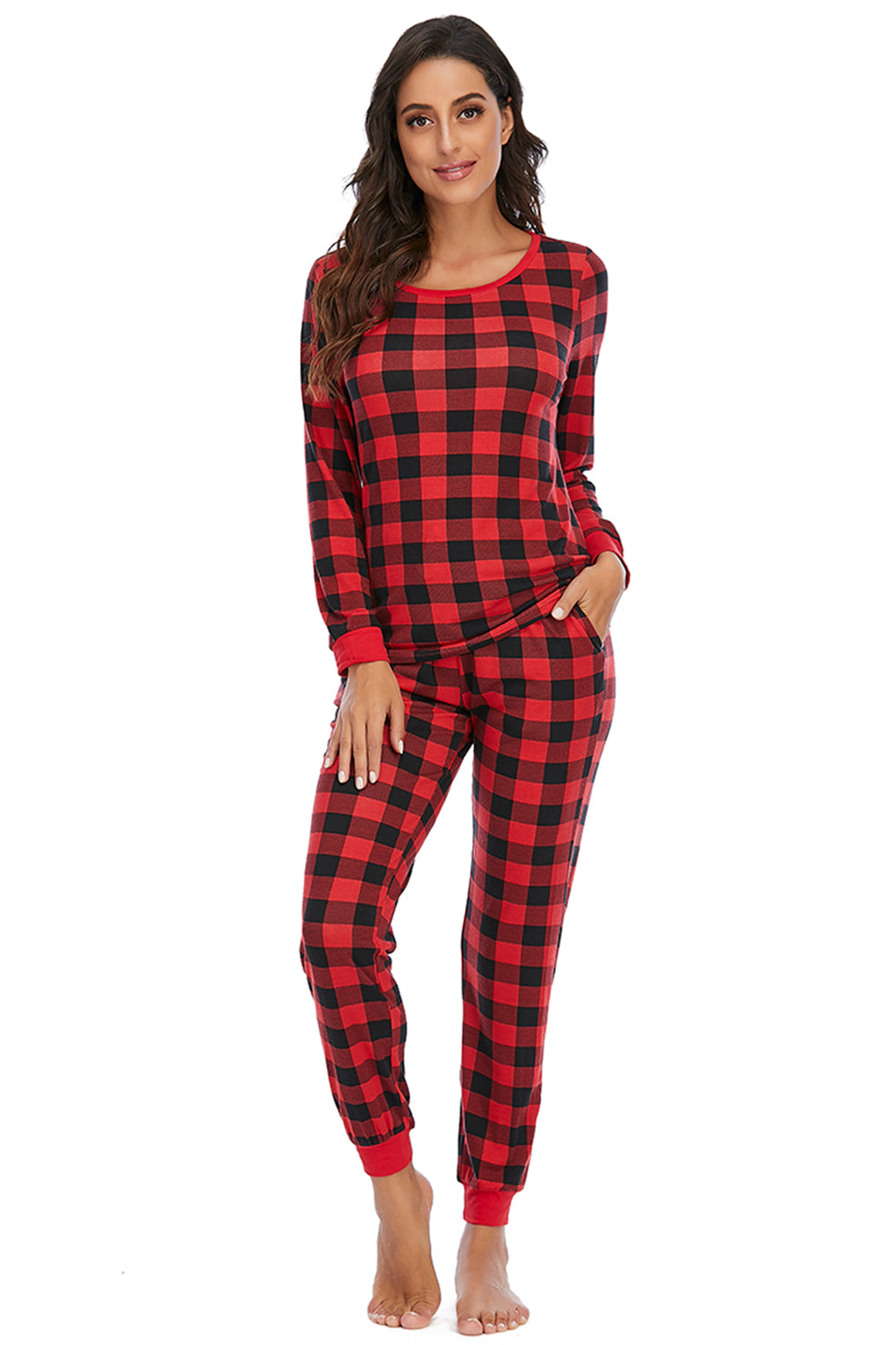 Plaid Round Neck Top and Pants Set - Ryzela