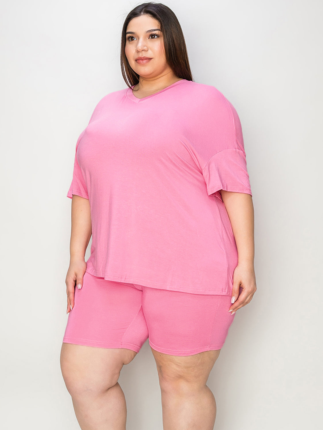 Basic Bae Full Size V-Neck Drop Shoulder T-Shirt and Shorts Set - Ryzela