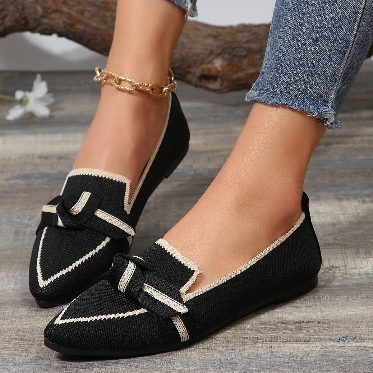 Bow Contrast Trim Point Toe Loafers - Ryzela