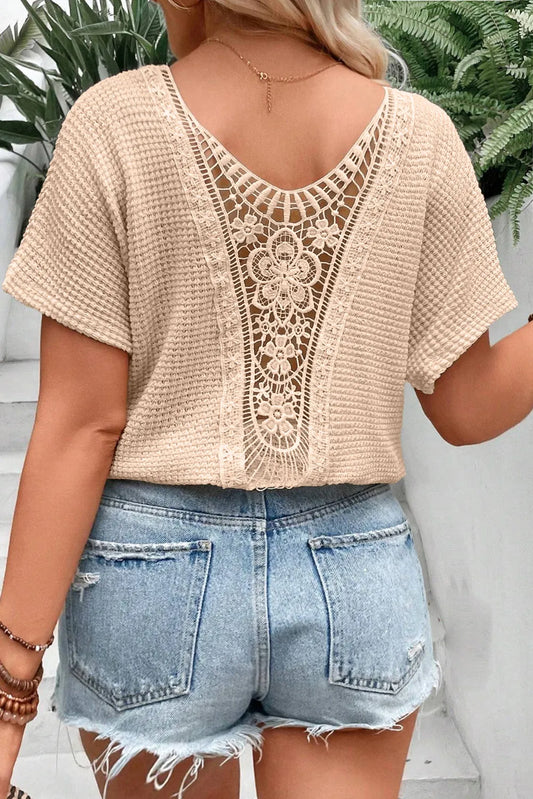 Plus Size Textured Lace Round Neck Short Sleeve T-Shirt - Ryzela