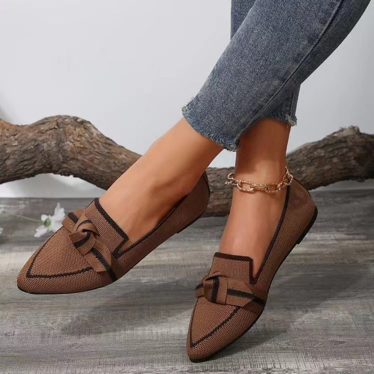 Bow Contrast Trim Point Toe Loafers - Ryzela