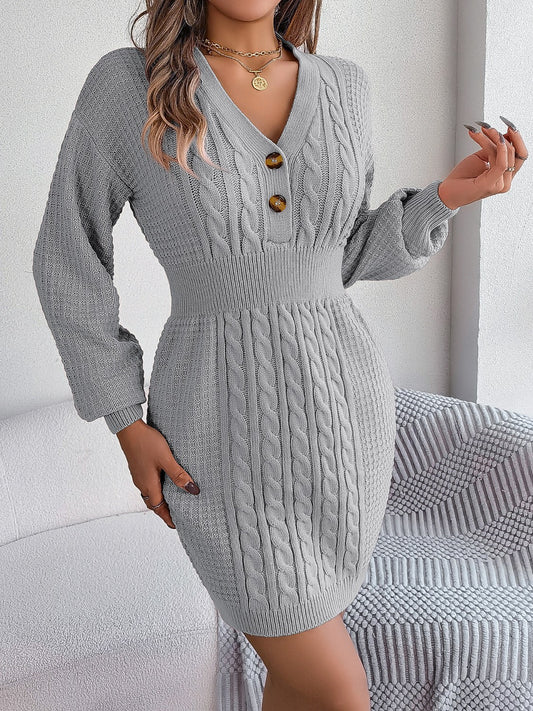 Buttoned Cable-Knit V-Neck Sweater Dress - Ryzela