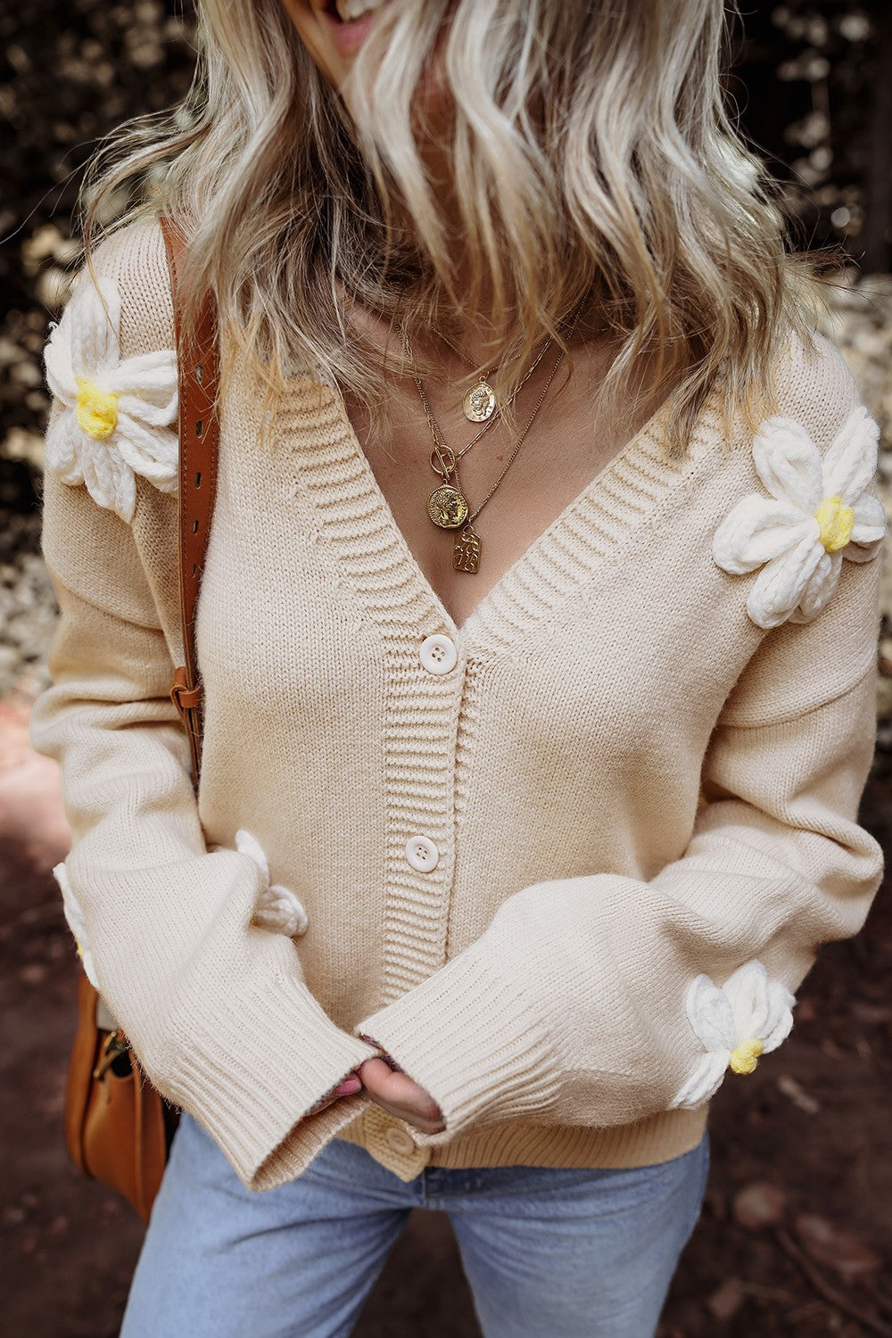 Flower Dropped Shoulder Long Sleeve Cardigan - Ryzela